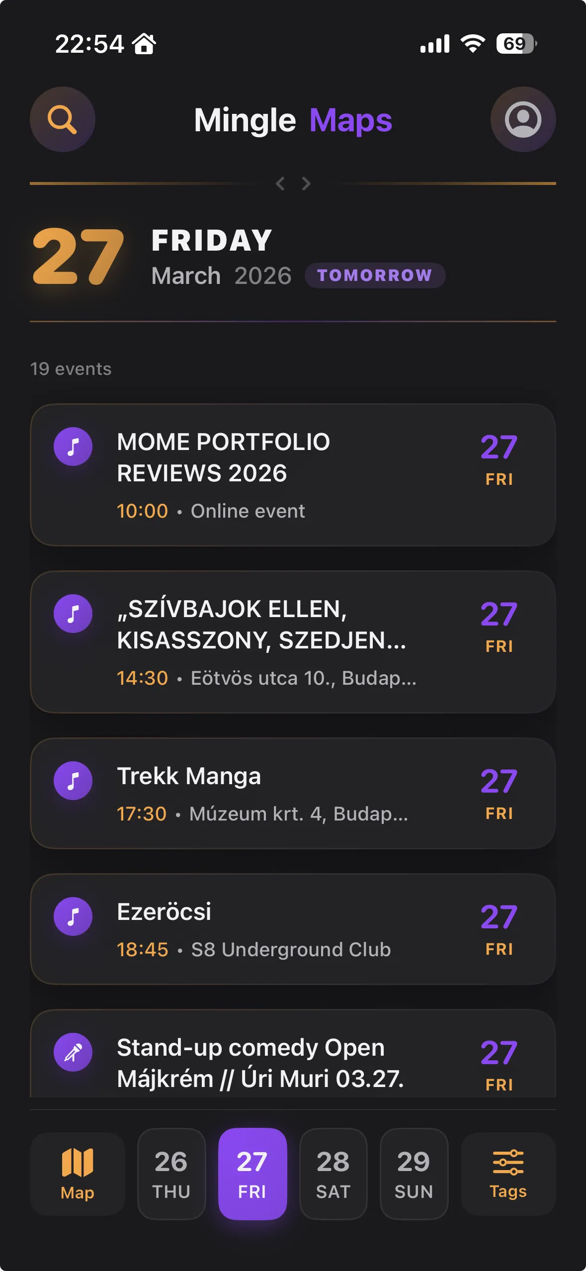 Mingle Maps event list view