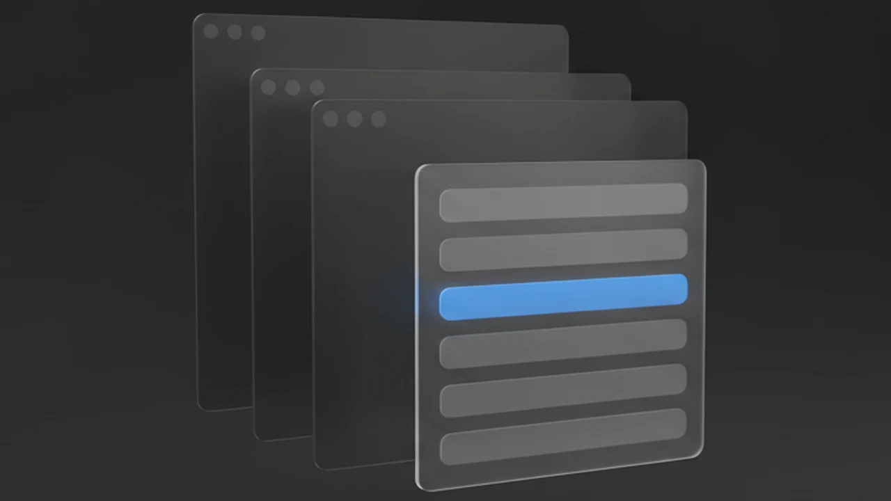 Illustration: a stack of app windows with a switcher panel in front, one row highlighted
