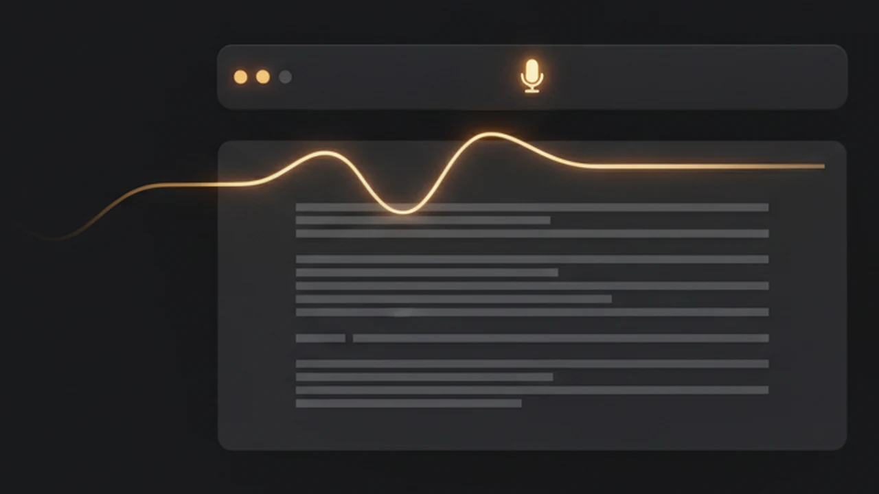 Illustration: a spoken audio waveform flowing into lines of written text in a document window